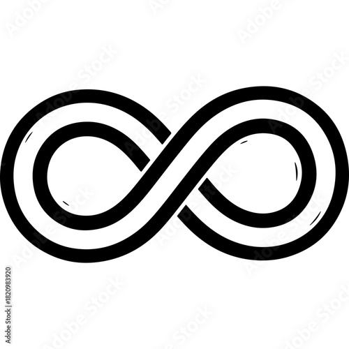 Woodcut style vector black infinity symbol illustration representing perpetuity, endlessness, and universal concepts like rights and existence.