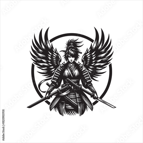 vector logo illustration of a female samurai with wings and swords