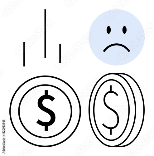 Economic decline. A sad face and dollar coins illustrate economic decline effectively. Economic challenges, financial downturns, and monetary instability. Great for finance, crisis, economy