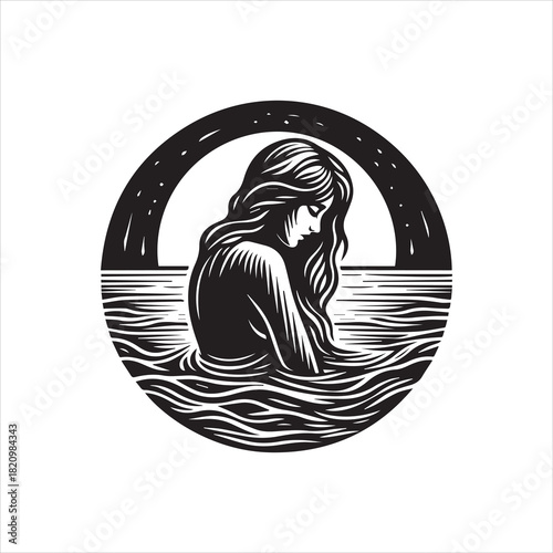 Captivating stylized woman with flowing hair immersed in water, rendered as a serene black and white artistic vector logo illustration