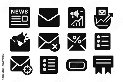 Newsletter Marketing Icons. Solid style icons of newsletter and marketing mail: newsletter icon, subscription envelope, campaign