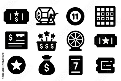 Lottery Icons Collection. Solid style icons of Lottery: lottery ticket, raffle drum, numbered ball, bingo card, scratch card,