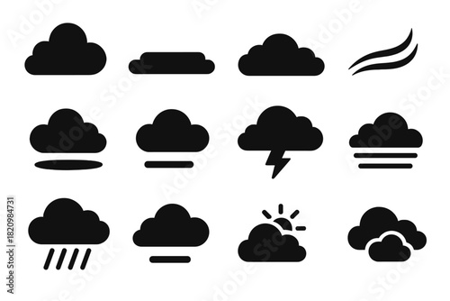 Solid Cloud Icons. Solid style icons of cloud types: fluffy cumulus cloud, flat stratus cloud, layered cloud icon, wispy cirrus