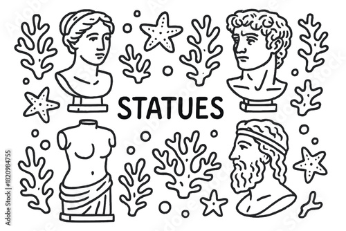 Black and white drawing of four statues of Greek gods and goddesses