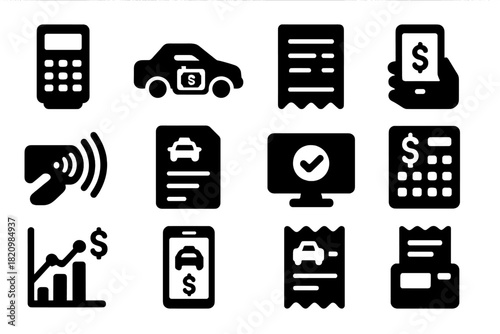 Payment Icons Collection. Solid style icons of payment and fares: credit card terminal, cash icon in car, digital receipt,