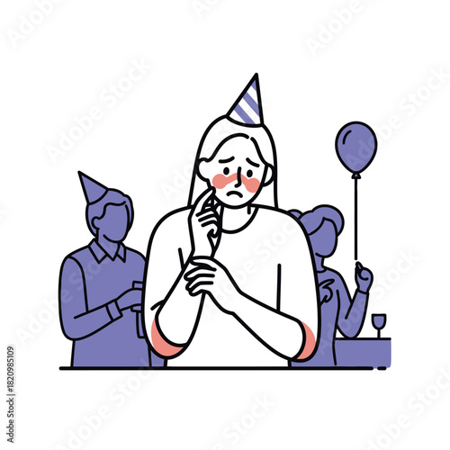 Anxious woman at a party feeling lonely.