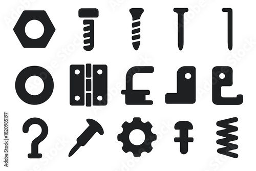 Hardware Icons Collection. Solid style icons of Hardware: nuts, bolts, screw, nail, washer, hinge, clamp, bracket, hook, rivet,