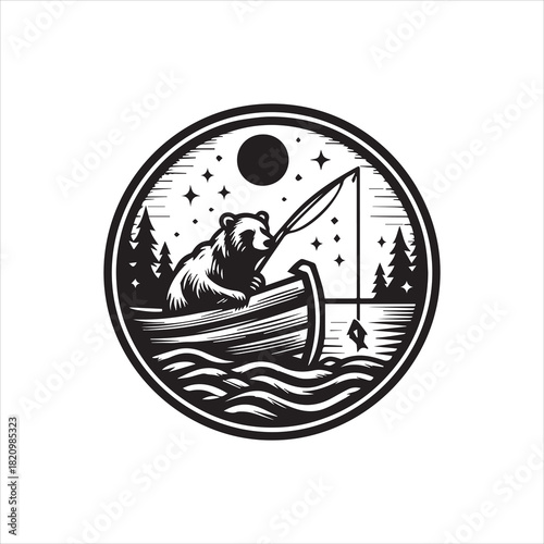 Outdoor adventure emblem of a grizzly bear fishing on a lake at night, a vintage vector logo illustration