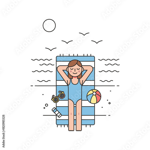 Girl sunbathing on beach towel illustration.