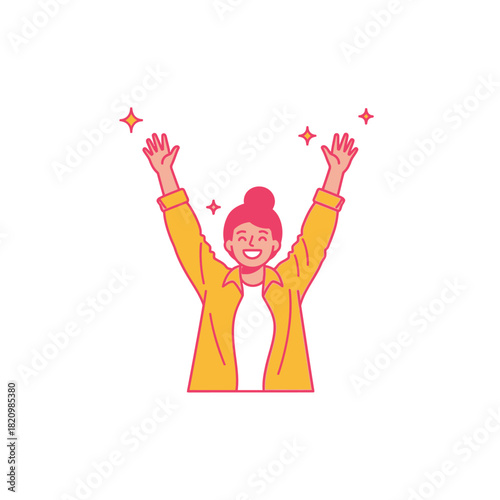 Happy woman with arms raised celebrating success.