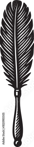 Linocut style black and white illustration of a feather tickler for playful bdsm foreplay accessory themes in bold engraved detail