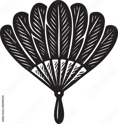 Linocut style feather fan illustrated in black and white for bdsm sensory play and foreplay accessory themes