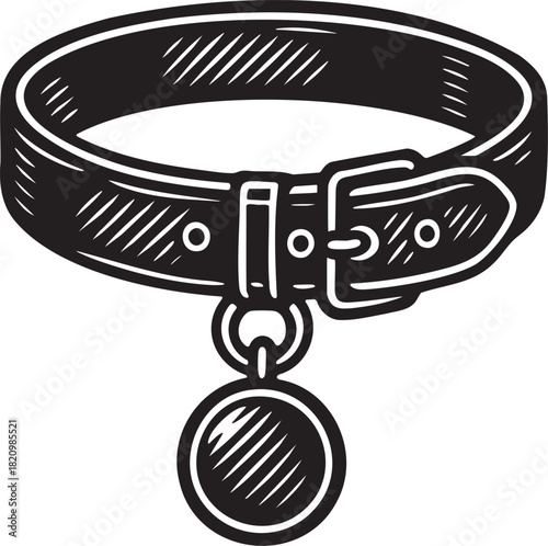 Detailed linocut illustration of a leather choker with pendant for bdsm accessory and foreplay styling