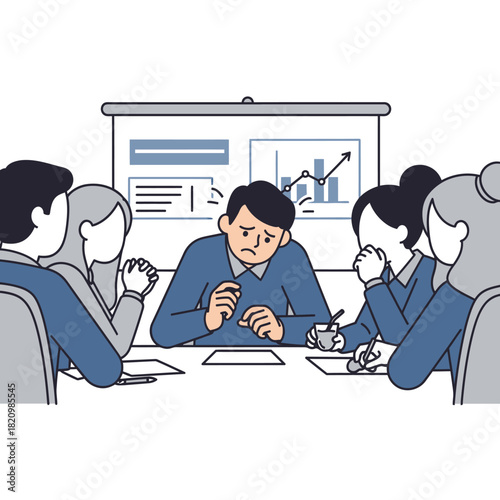 Man looking stressed during a business meeting with colleagues around a table.