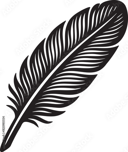 Linocut engraving of a single feather used as a bdsm tickling accessory in bold black and white style