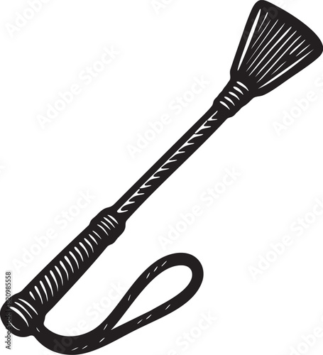 Detailed linocut illustration of a riding crop for bdsm foreplay and impact play accessories in bold black and white
