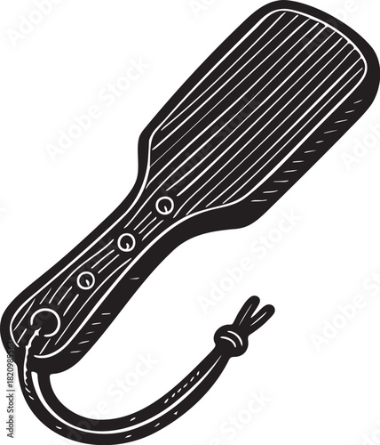 Linocut paddle illustration in bold black and white for bdsm impact play and foreplay accessory visuals