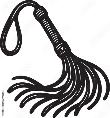 Linocut engraving of a leather flogger whip for bdsm foreplay accessory themes in bold black and white