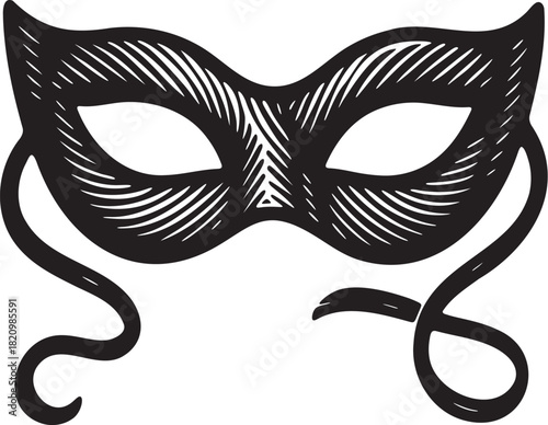 Linocut illustration of a sensual masquerade mask for bdsm and playful foreplay themes in bold black and white style