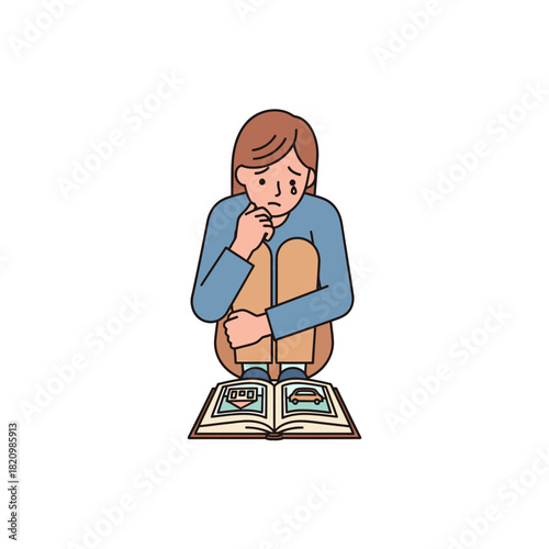 Sad girl reading a book with tears.