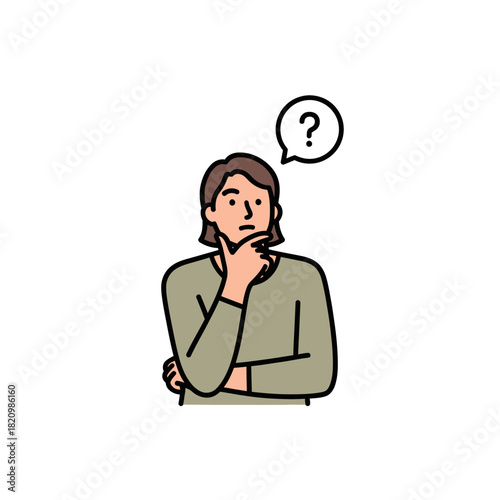Woman in contemplation with question mark above her head pondering a decision.