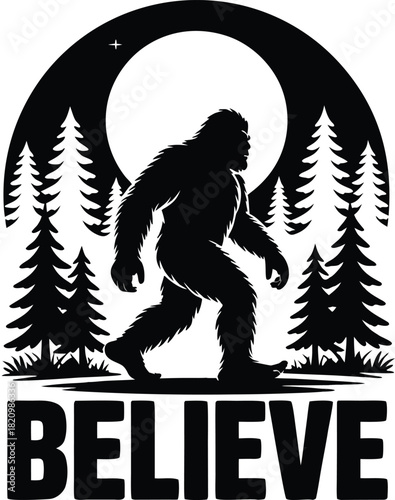 Bigfoot silhouette under a full moon in a forest t-shirt design
