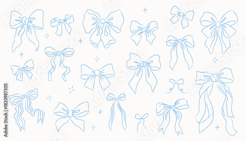 Set of various doodle blue bow knots, gift ribbons. Trendy hair braiding accessory. Hand drawn vector illustration.