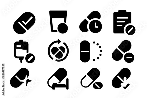 Medical Treatment Icons. Solid style icons of Treatment: pill with checkmark, tablet with water glass, capsule with clock,