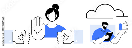 Woman stopping aggression with open palm gesture, man reviewing feedback on tablet, concept of conflict management. Ideal for teamwork, social skills, behavior moderation, workplace harmony