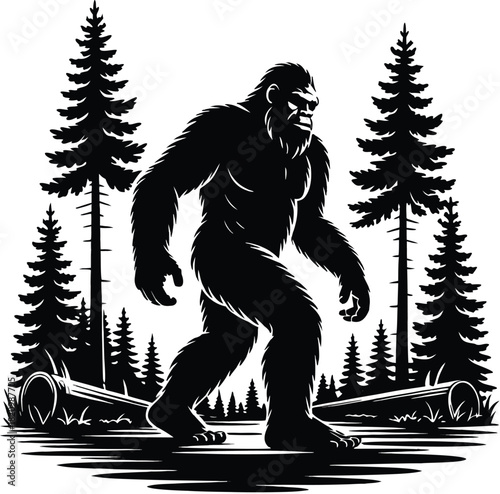Silhouette of bigfoot walking through a dark forest with pine trees t-shirt design