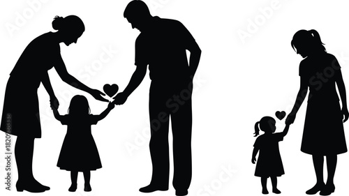 Family love silhouette set, heart gesture, adult and child interaction, black on white, emotional icon, bonding moment, care theme