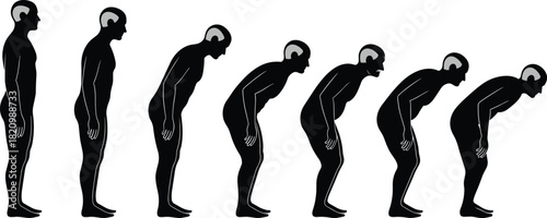 Posture progression silhouette set, brain highlight, standing to bent pose, black on white, neurological icon, movement analysis, aging effect