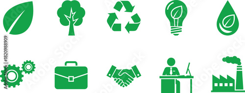 Green eco friendly icons for business and nature with recycling symbol.
