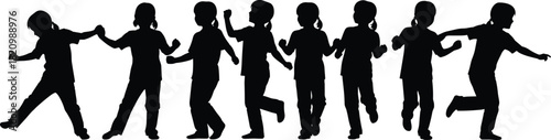 Child dance silhouette sequence, ponytail girl, black on white, movement icon, expressive posture, physical activity, animation reference, casual clothing