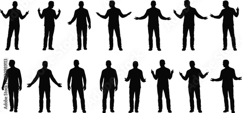 Standing silhouette gesture set, arm and hand variations, black on white, posture icon, body language, expressive pose, animation reference