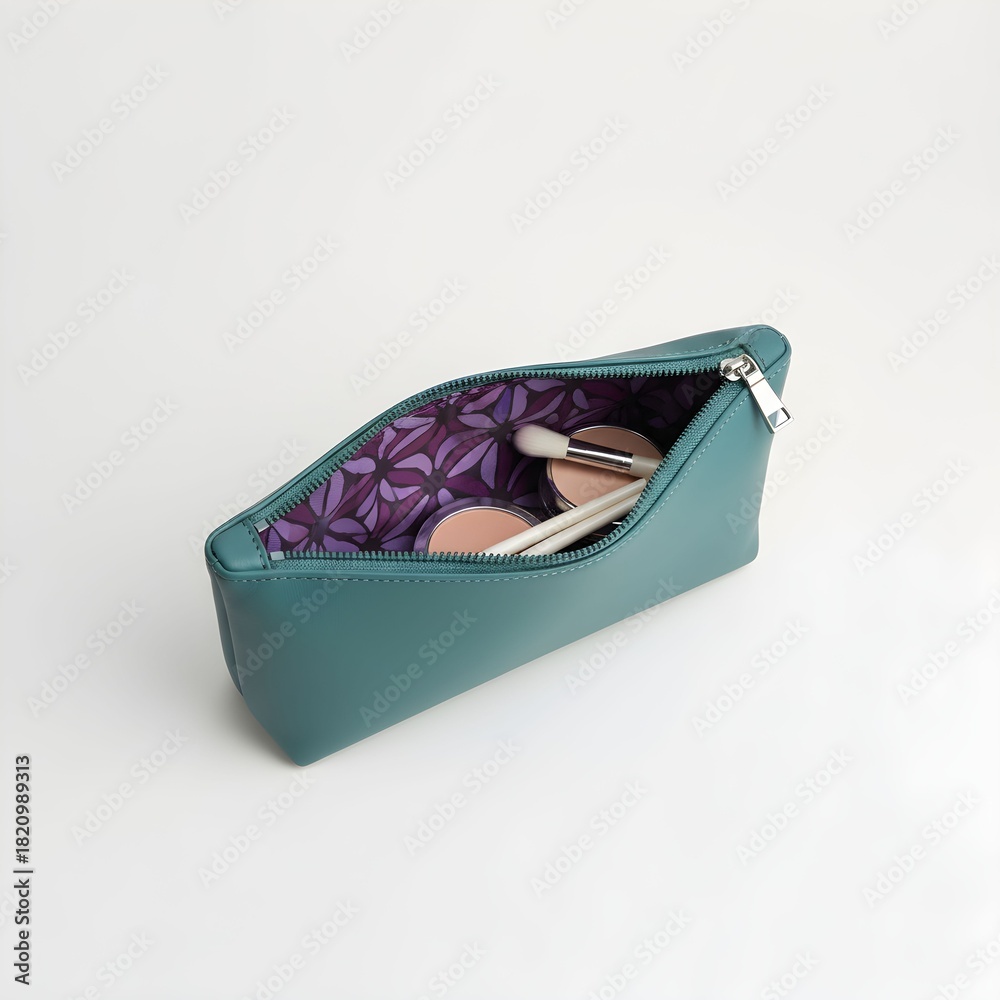 Fototapeta Open teal makeup bag with makeup inside on a white background.
