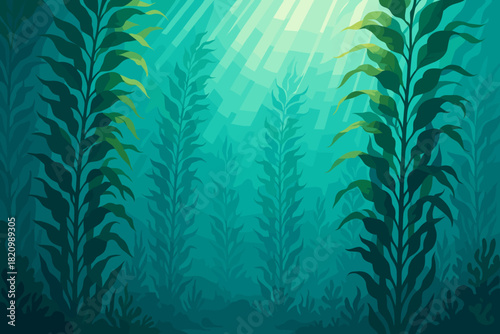 Glowing Kelp Forest. Underwater kelp forest glowing under vector illustration beams of sunlight filtering through the water,