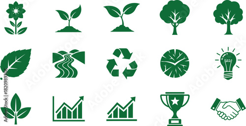 Green eco friendly icons for nature growth and business with trophy.