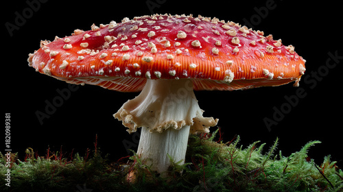 Close up of a red and white mushroom on moss against a dark black background view