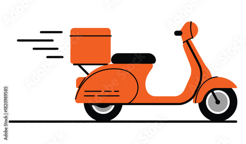 An orange scooter with a delivery box on the back moves quickly with motion lines on a white background.