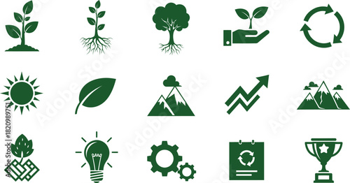 Green eco friendly icons for nature growth and business with trophy.