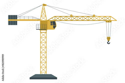A yellow construction tower crane stands tall against a white background, ready to lift heavy loads at a building site.