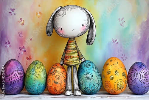 Cute bunny standing among colorful decorated Easter eggs in a cheerful setting with vibrant background