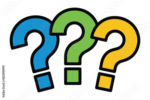 Three colorful question marks are clustered together, symbolizing inquiry and uncertainty.