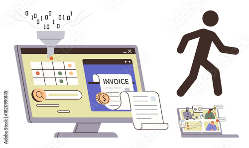 Data funneling into a computer, invoice generation, calendar, search, and analytics tools. Figure symbolizing project flow. Ideal for workflow, task planning, finance automation innovation