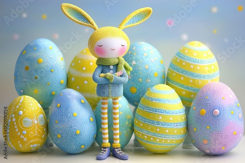 Colorful bunny doll surrounded by decorated Easter eggs in a bright setting during springtime