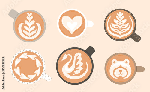 Coffee with latte art in different cup. Vector illustration on beige background. Set of mugs with barista art - swan, heart, bear.