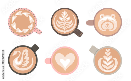 Coffee with latte art in different cup. Vector illustration on white background. Set of mugs with barista art - swan, heart, bear.