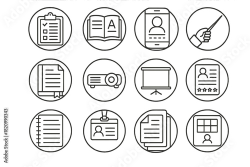 Teacher Tools Icons. Line style round icons of teacher tools: lesson plan, grading book, attendance app, pointer stick; syllabus