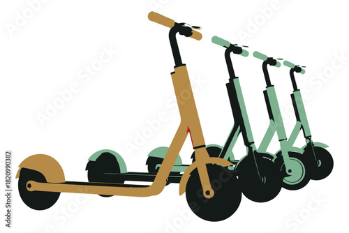 Three electric scooters are lined up against a white background, showcasing their modern design and color variations for urban mobility solutions.
